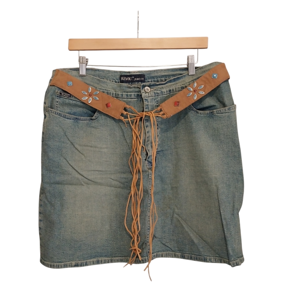 VTG Y2K Revolt Jeans Size 18 Boho Blue Jeans Skirt Beaded Attached Belt Western
